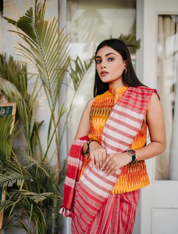 First Draft - Bhagalpuri Cotton Workwear Saree with Stripes & Tasselled Pallu