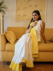 Yellow Light - Handwoven Cotton Saree in White with Soft Yellow Border & Tassel Finish