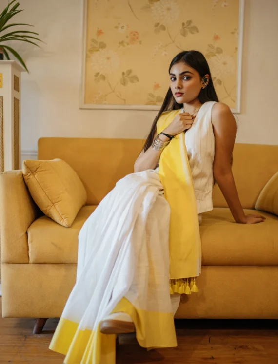 Yellow Light - Handwoven Cotton Saree in White with Soft Yellow Border & Tassel Finish